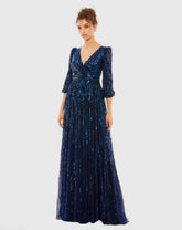 Navy Sequined Wrap Over 3/4 Sleeve Gown