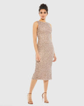 Beige Sleeveless Sequined Midi Sheath Dress - FINAL SALE