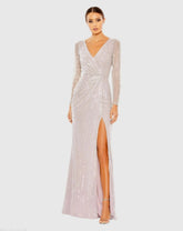 Purple Sequined Faux Wrap Long Sleeve Gown