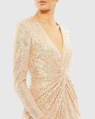 Gold Sequined High Low Front Twist Midi Dress