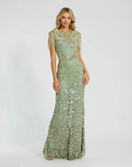 High Neck Sleeveless Beaded Fringe Fitted Gown
