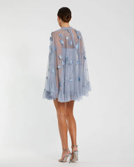 Blue Embellished Long Sleeve Trapeze Dress with Ruffle Hem