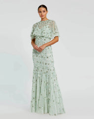 Embellished Illusion Cape Sleeve Trumpet Gown