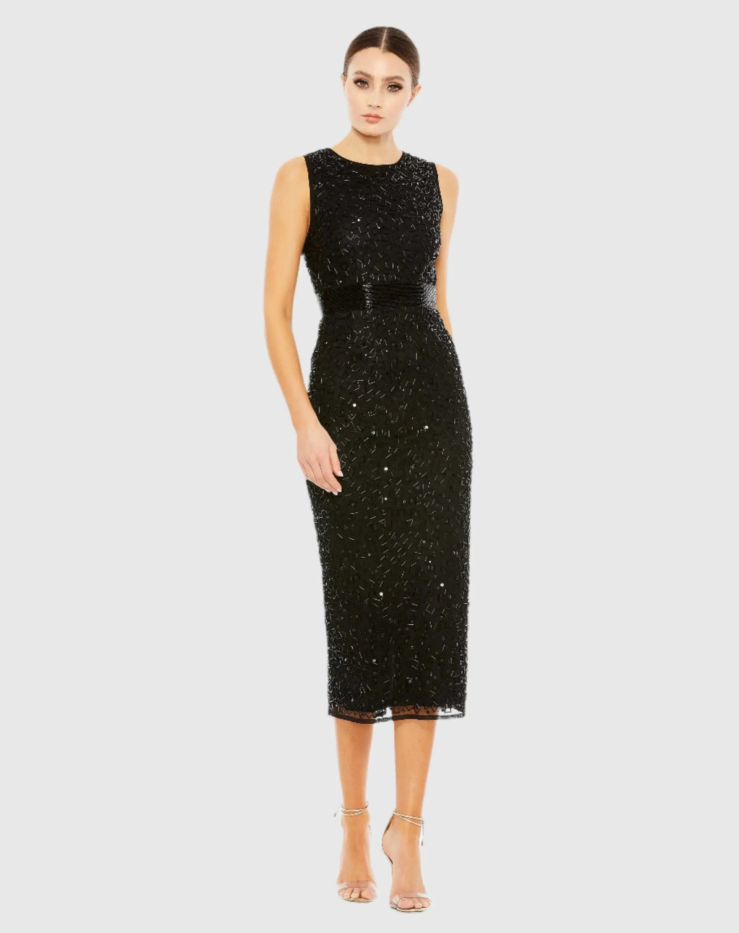 Geometric Embellished Sleeveless Column Dress