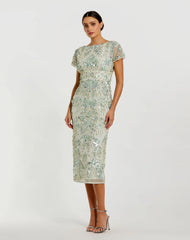 Green Embellished Mesh Fitted Cap Sleeve Cocktail Dress